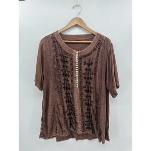 Festivals Peasant Top Embroidered Brown Boho Fairy Grunge Button Top Sz M FF56